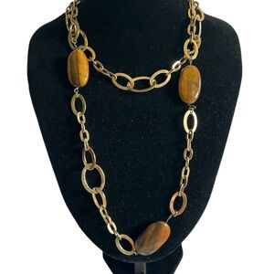 Monet Vintage Gold Tone and Tigers Eye Stone Chain Link Necklace